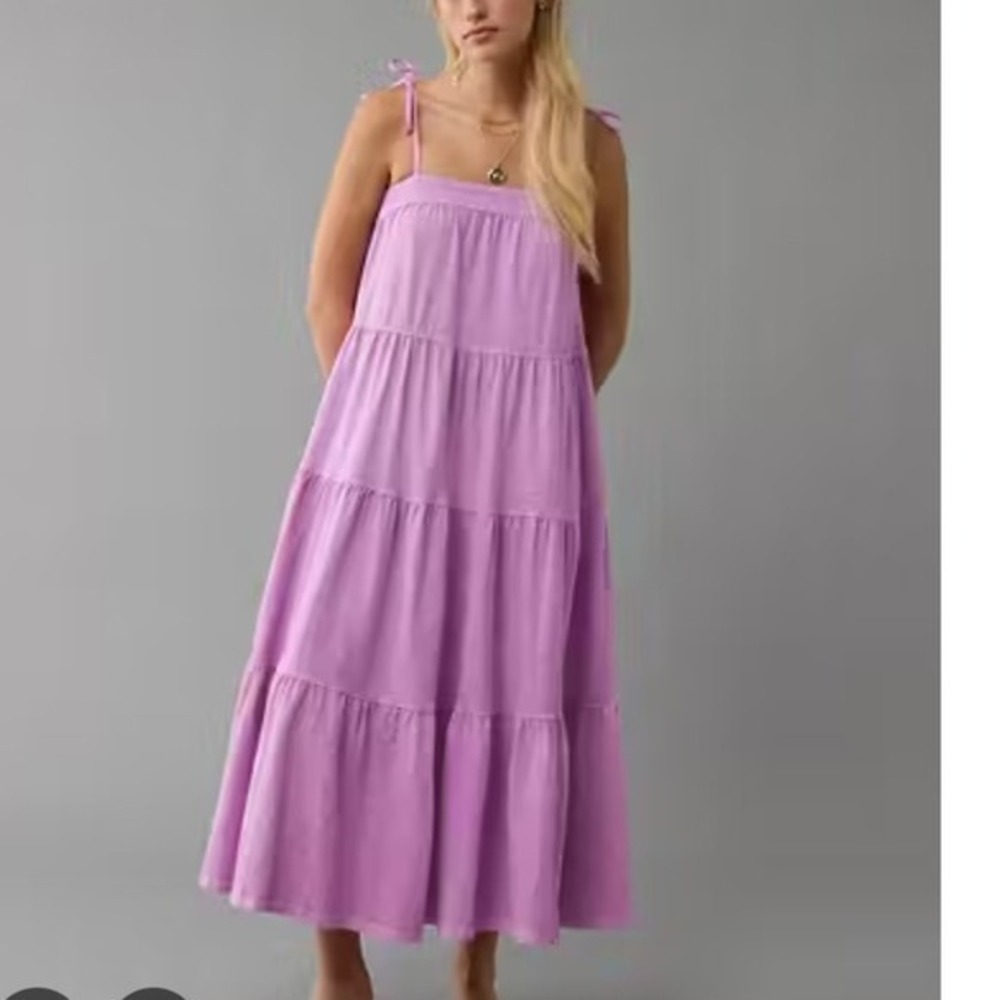 American Eagle Sunchaser Purple Tiered Maxi Dress Tie Shoulder Cotton Small